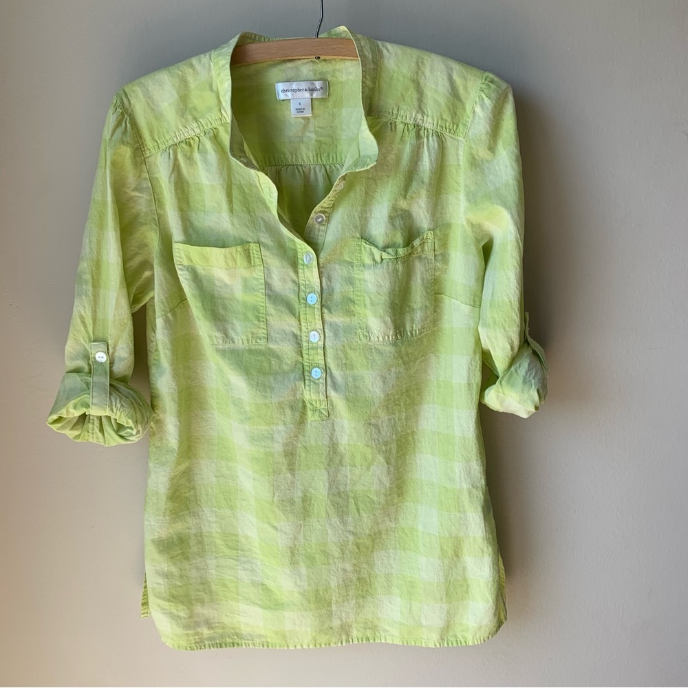 Christopher & Banks plaid lime green roll sleeve top